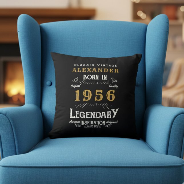 Personalized 70th Birthday Born 1956 Legend Black Throw Pillow (Born 1956 throw pillow in an armchair.)
