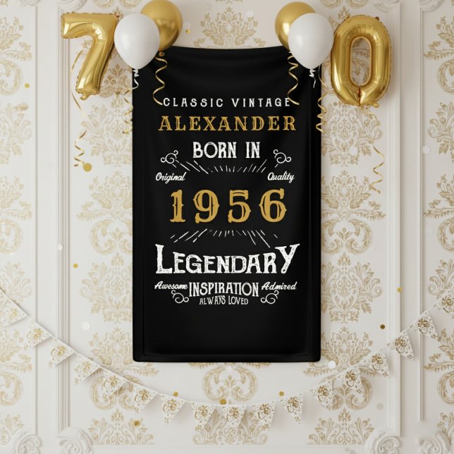 Personalized 70th Birthday Born 1956 Retro Party Banner (1956 wall banner against a white and gold wall.)