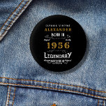 Personalized 70th Birthday Born 1956 Vintage Black Button<br><div class="desc">Celebrate a major milestone with this stylish, personalized 50th Birthday Pin Badge. Featuring a cool vintage/retro design in elegant black, white, and metallic gold, it proudly displays the iconic birth year: 1956. Easily click 'Personalize' to add the recipient's custom name, making it a truly unique birthday gift or a fantastic...</div>