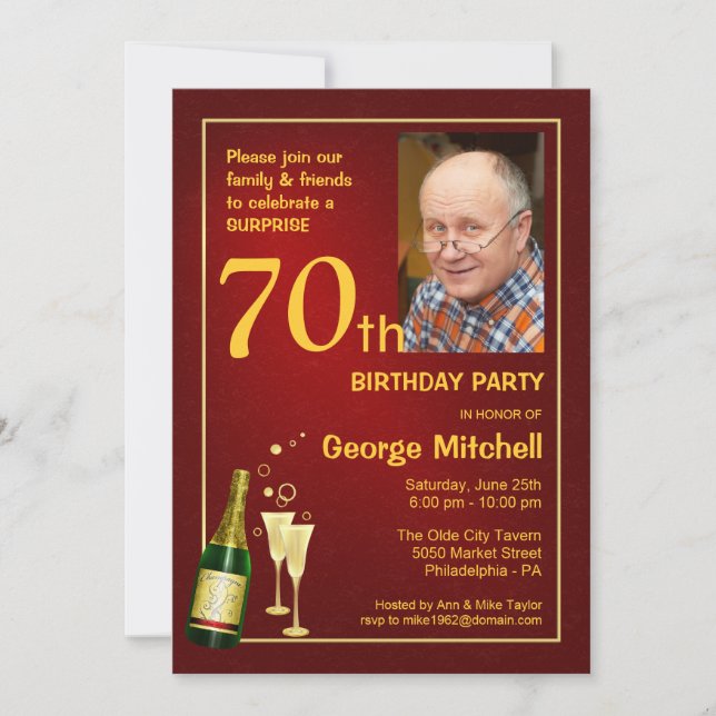 Personalized 70th Birthday Party Photo Invitations (Front)