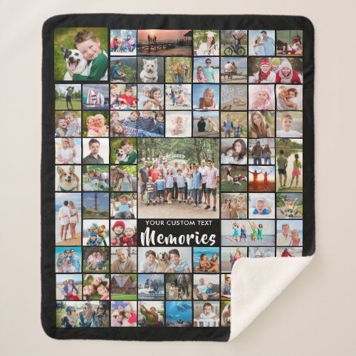 Personalized 74 Photo Collage Editable Color Sherpa Blanket - Create a photo memory blanket featuring a photo collage of 74 various sized square and rectangle pictures commemorating a special event or milestone or for a meaningful, memorable gift for anyone. Personalize with your custom text; the sample shows an editable brush script typography title MEMORIES. Contact the designer BEFORE ORDERING via Zazzle Chat or makeitaboutyoustore@gmail.com for design modifications or assistance with personalizing or transferring the design to another product.