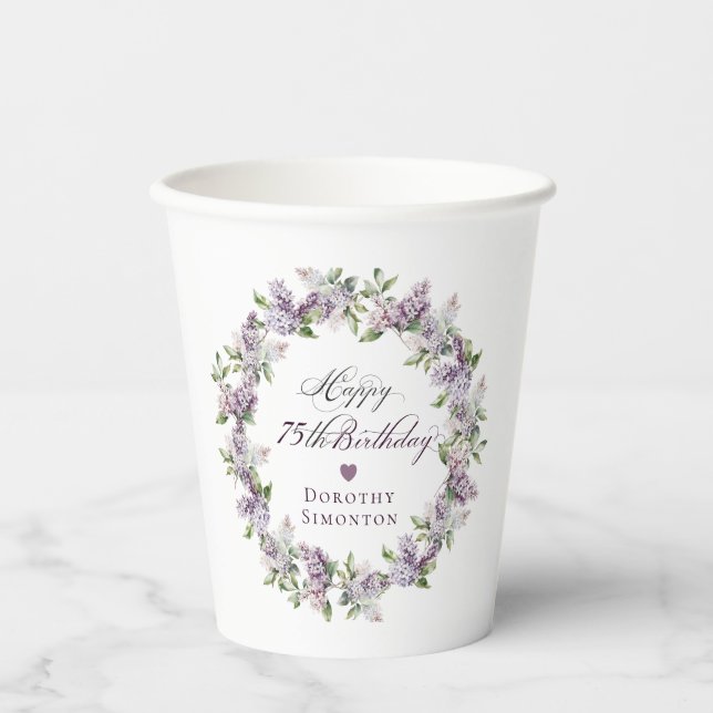 Personalized 75th Birthday Purple Lilac Flower Paper Cups (Front)