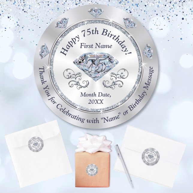 Personalized, 75th Birthday Stickers, for Favors,  Classic Round Sticker (75th birthday stickers. 75th birthday favors. 75th birthday envelope seals. 75th birthday supplies.)