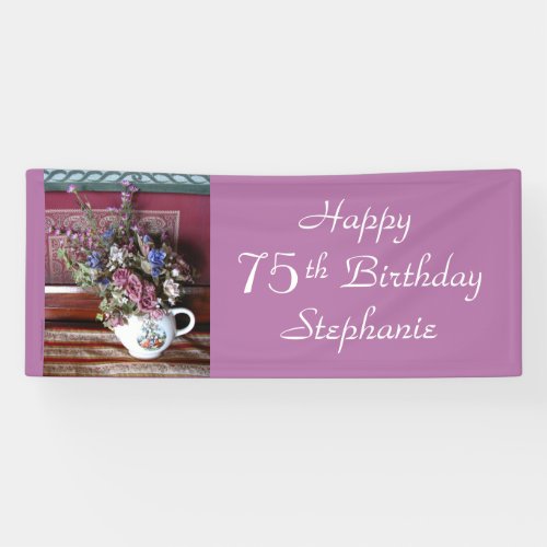 Personalized 75th Birthday Vintage Teapot Purple Banner