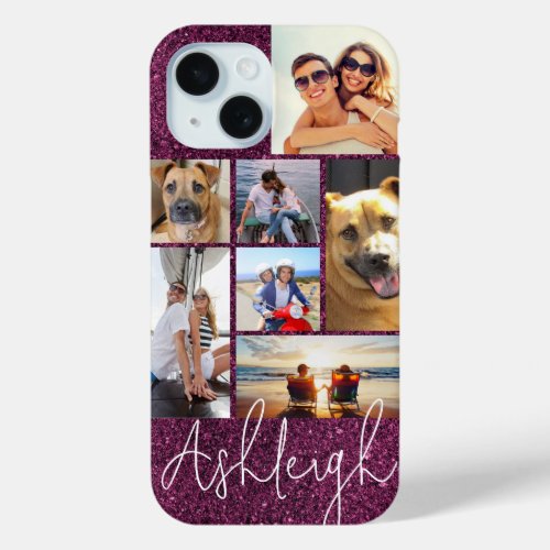 Personalized 7 Photo Collage Burgundy Glitter iPhone 15 Case
