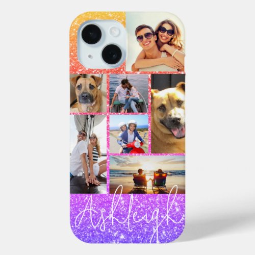 Personalized 7 Photo Collage Multi_Color Glitter iPhone 15 Case