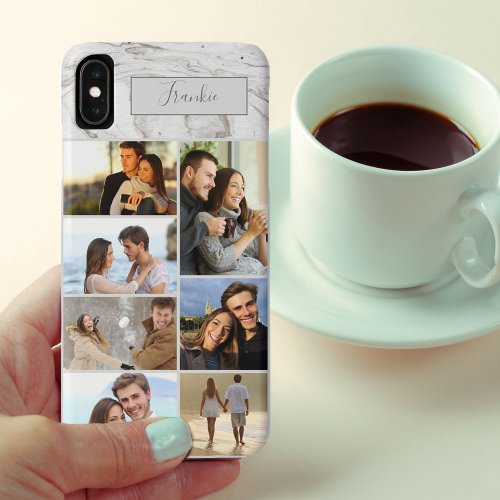 Personalized 7 Photo Collage on Grey Marble iPhone XS Max Case