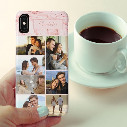Personalized 7 Photo Collage on Pink Marble iPhone XS Max Case