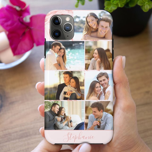 Personalized 7 Photo Collage Pink Marble Case-Mate iPhone Case (Creator Uploaded)