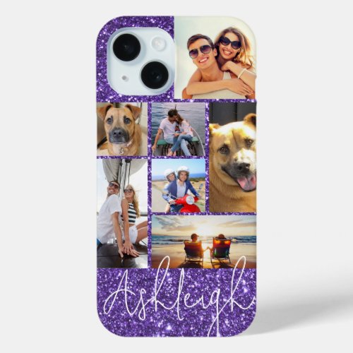 Personalized 7 Photo Collage Purple Glitter iPhone 15 Case