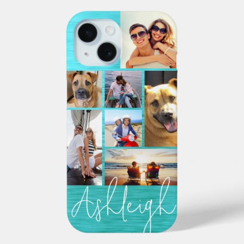 Personalized 7 Photo Collage Teal Metallic iPhone 15 Case