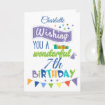 Personalized 7th Birthday Greeting Card<br><div class="desc">Wish someone a wonderful 7th birthday in style. This bright and colorful card is suitable for a wide range of ages - as the age number can be changed. Features cute typography in a mix of blue, purple and green colors. Small gifts, pennants and stars add to the birthday celebration....</div>