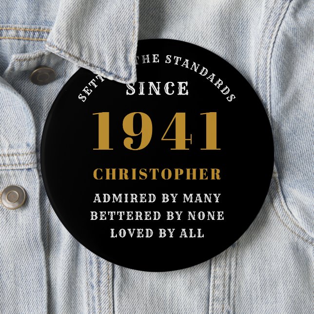 Personalized 80th Birthday 1941 Elegant Black Gold Button (In Situ)