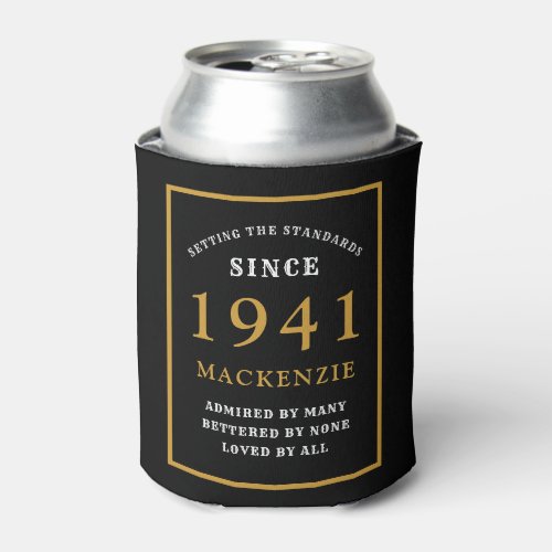 Personalized 80th Birthday 1941 Elegant Black Gold Can Cooler