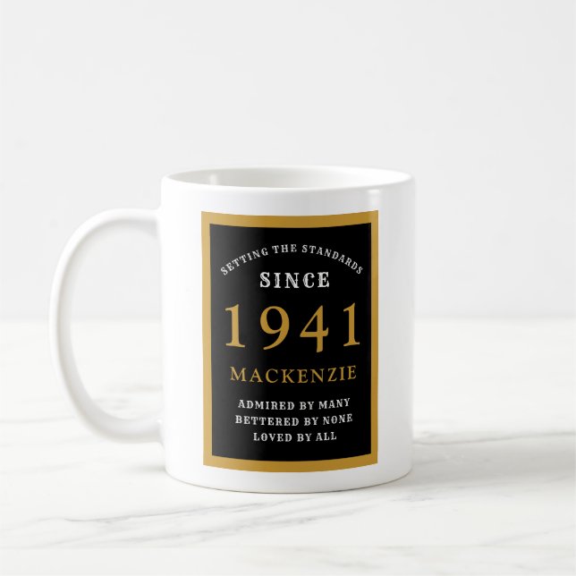 Personalized 80th Birthday 1941 Elegant Black Gold Coffee Mug (Left)