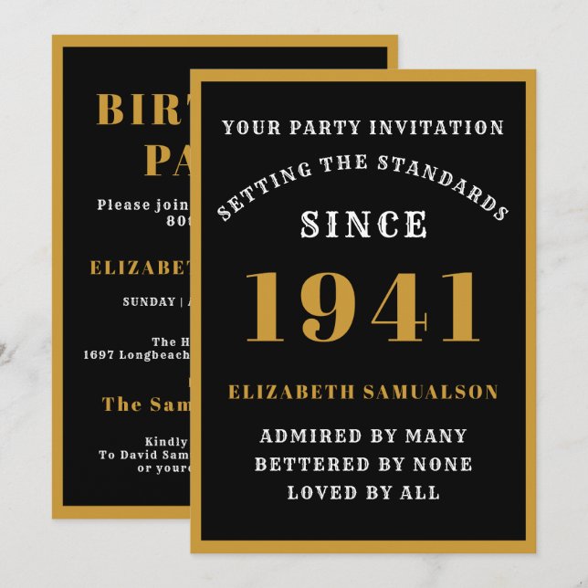 Personalized 80th Birthday 1941 Elegant Black Gold Invitation (Front/Back)