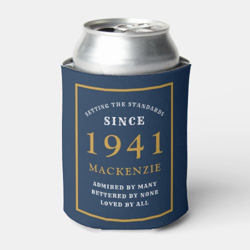 Personalized 80th Birthday 1941 Elegant Blue Gold Can Cooler