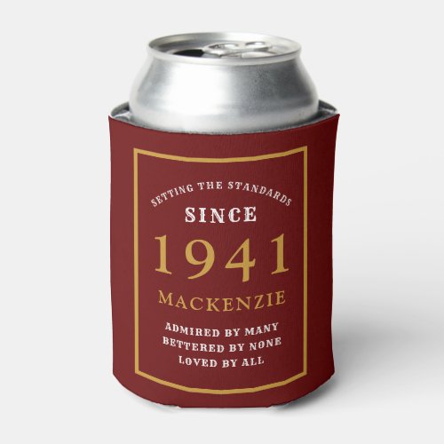 Personalized 80th Birthday 1941 Elegant Red Gold Can Cooler