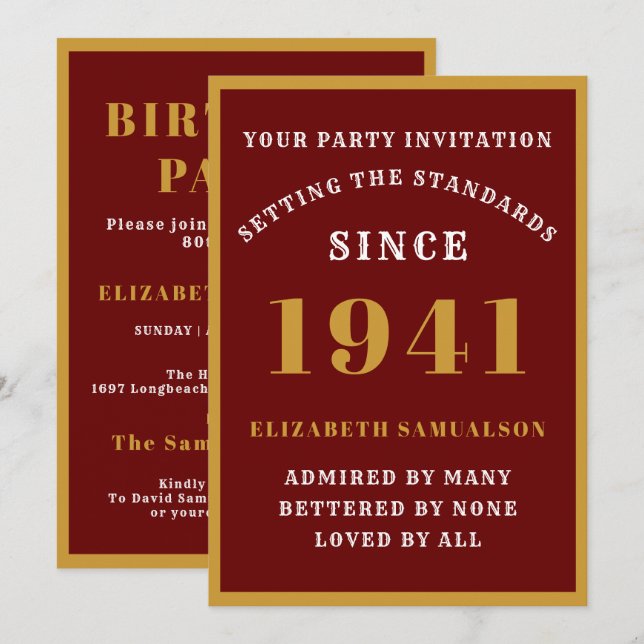 Personalized 80th Birthday 1941 Elegant Red Gold Invitation (Front/Back)