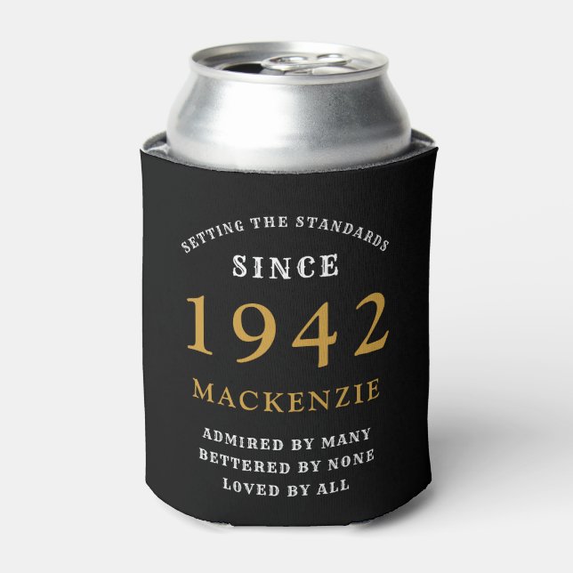 Personalized 80th Birthday 1942 Black Gold  Can Cooler (Can Front)