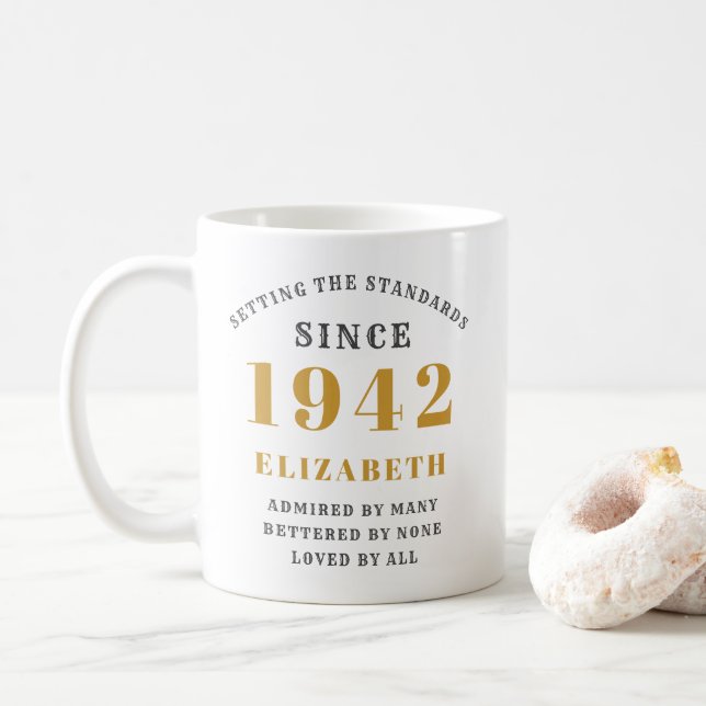 Personalized 80th Birthday 1942 Elegant Add Name Coffee Mug (With Donut)