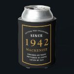 Personalized 80th Birthday 1942 Elegant Black Gold Can Cooler<br><div class="desc">A wonderful 80th birthday black and gold can cooler for those special people born in 1942. Easily customize the text using the template provided. Part of the setting standards range of birthday supplies.</div>