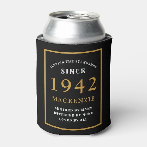 Personalized 80th Birthday 1942 Elegant Black Gold Can Cooler