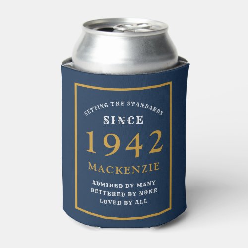 Personalized 80th Birthday 1942 Elegant Blue Gold Can Cooler