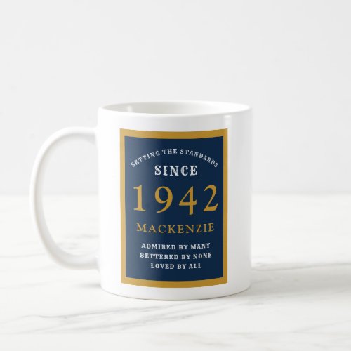 Personalized 80th Birthday 1942 Elegant Blue Gold Coffee Mug