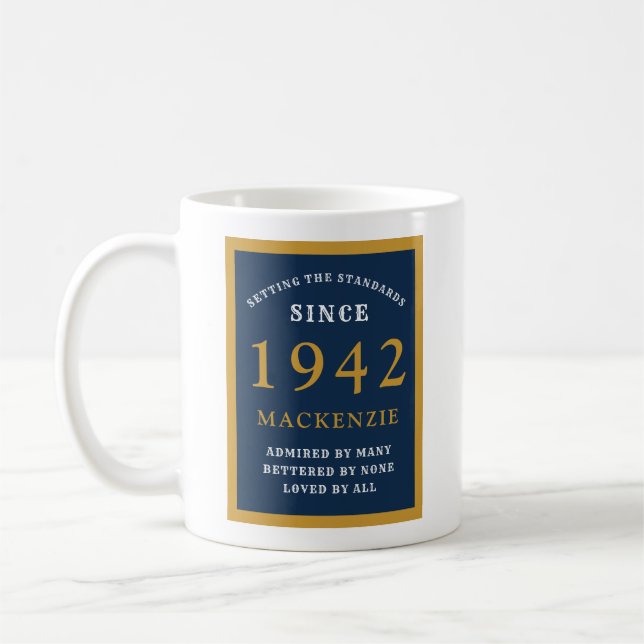 Personalized 80th Birthday 1942 Elegant Blue Gold Coffee Mug (Left)