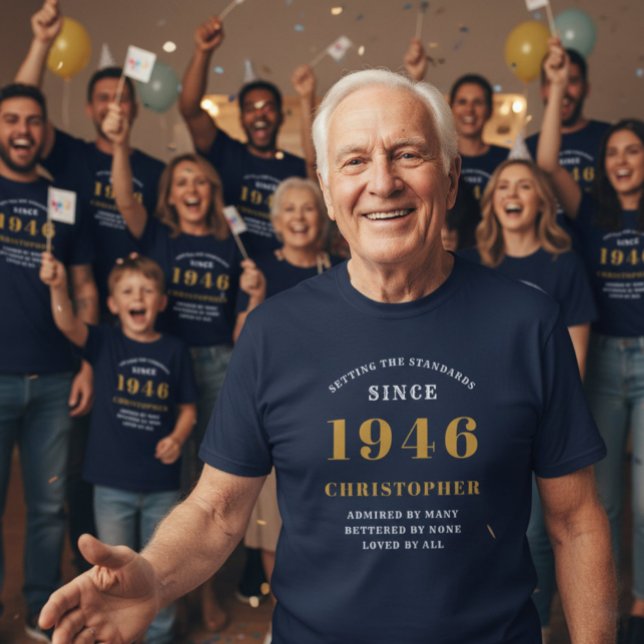 Personalized 80th Birthday 1946 Add Name Blue Gold T-Shirt (1946 blue tshirt worn by many people at a party.)
