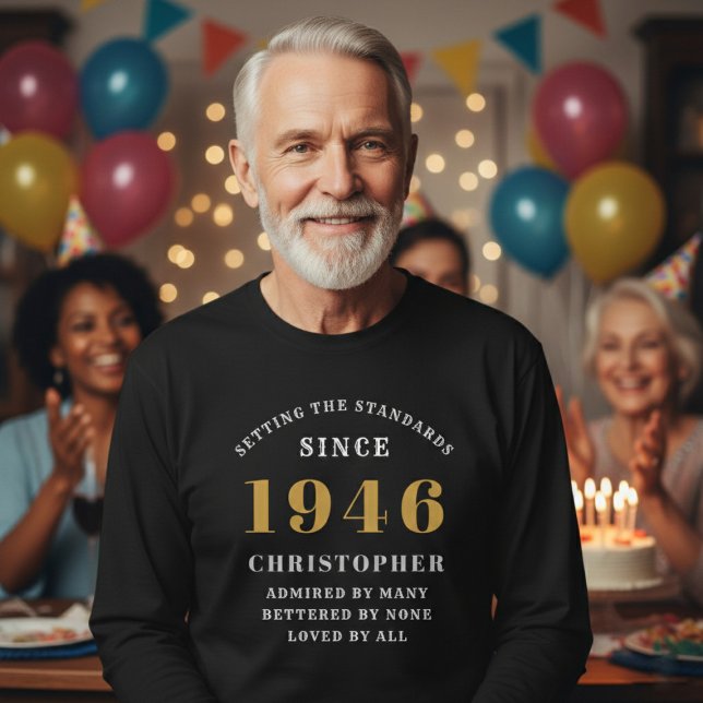 Personalized 80th Birthday 1946 Add Name T-Shirt (Born 1946 long sleeve t-shirt. Party background.)