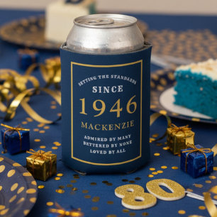 Personalized 80th Birthday 1946 Elegant Blue Gold Can Cooler