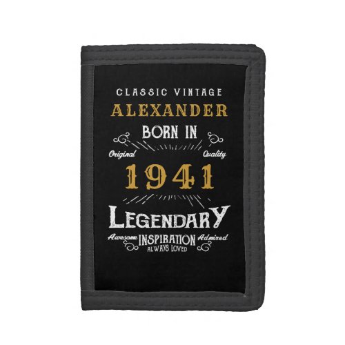 Personalized 80th Birthday Born 1941 Vintage Black Trifold Wallet