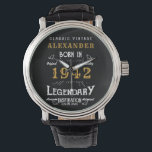 Personalized 80th Birthday Born 1942 Vintage Black Watch<br><div class="desc">A personalized unique watch for that special birthday person born in 1942 and turning 80. Add the name to this vintage retro style black, white and gold design for a custom 80th birthday gift. Easily edit the name and year with the template provided. A wonderful custom black birthday gift. More...</div>
