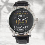 Personalized 80th Birthday Born 1943 Vintage Black Watch<br><div class="desc">A personalized unique watch for that special birthday person born in 1943 and turning 80. Add the name to this vintage retro style black, white and gold design for a custom 80th birthday gift. Easily edit the name and year with the template provided. A wonderful custom black birthday gift. More...</div>