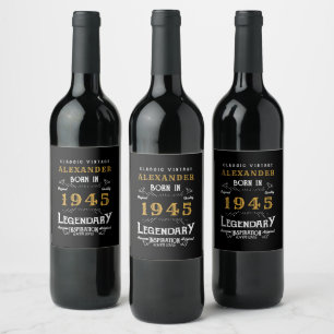 Personalized 80th Birthday Born 1945 Vintage Black Wine Label