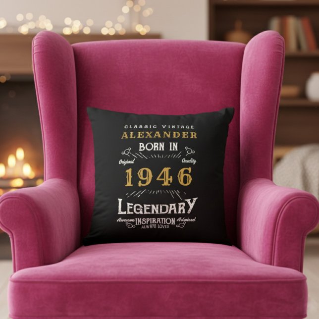 Personalized 80th Birthday Born 1946 Legend Black Throw Pillow (Born 1946 throw pillow on a pink chair.)
