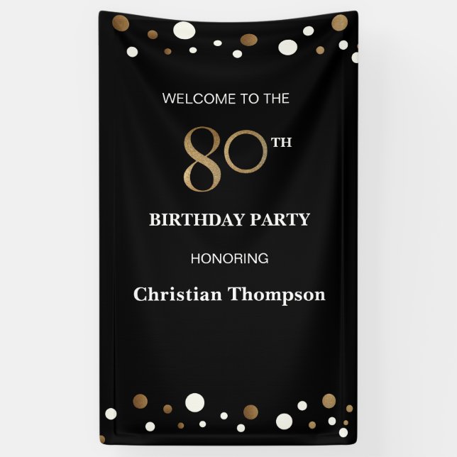 Personalized 80th Birthday Gold and black Confetti Banner (Vertical)