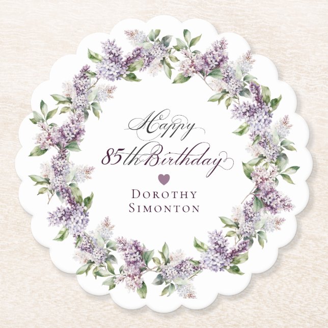 Personalized 85th Birthday Purple Lilac Flower Paper Coaster (Front)