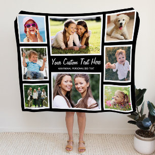 Personalized 8 Photo Collage Black Fleece Blanket