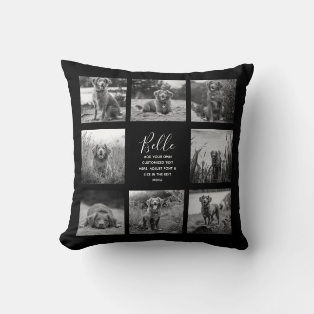 Personalized 8 Photo Collage Black Throw Pillow (Front)
