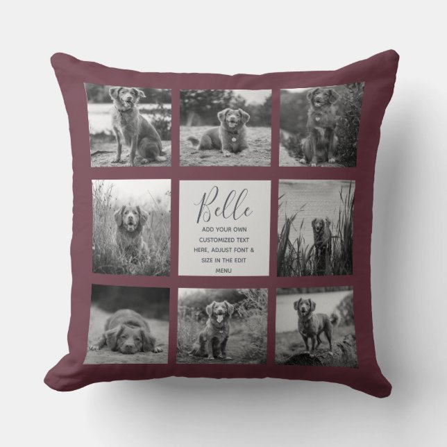 Personalized 8 Photo Collage Burgundy Throw Pillow (Front)
