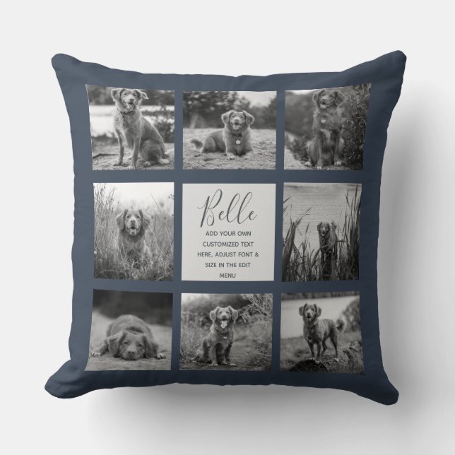 Personalized 8 Photo Collage Dark Blue Throw Pillow (Front)