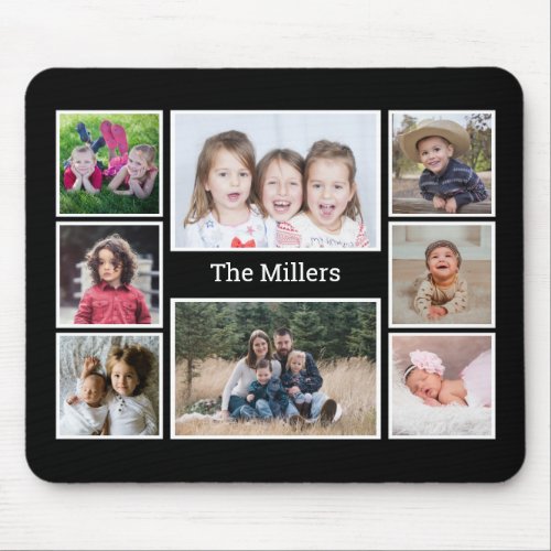 Personalized 8 Photo collage Family Name Black Mouse Pad