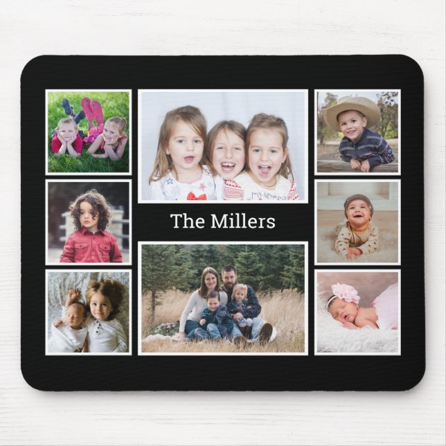 Personalized 8 Photo collage Family Name Black Mouse Pad (Front)