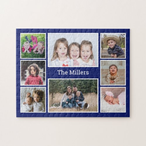 Personalized 8 Photo collage Family Name Blue  Jigsaw Puzzle