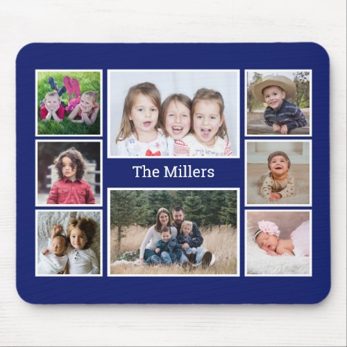 Personalized 8 Photo collage Family Name Blue Mouse Pad