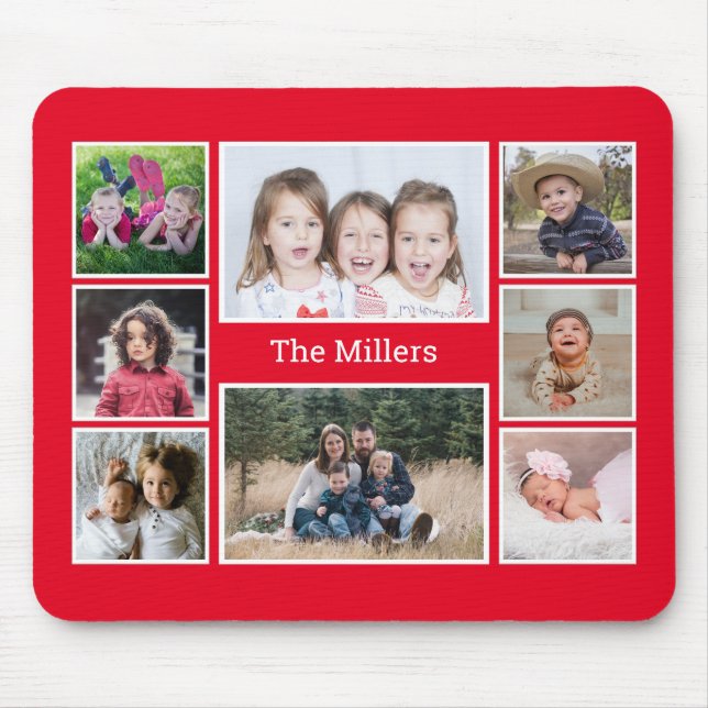 Personalized 8 Photo collage Family Name Red Mouse Pad (Front)