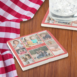 Personalized 8 Photo collage Family Name Red Stone Coaster